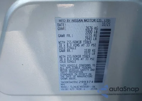 2025 Nissan Pathfinder S 4Wd z USA, uszkodzony, nr VIN 5N1DR3AC0SC299374